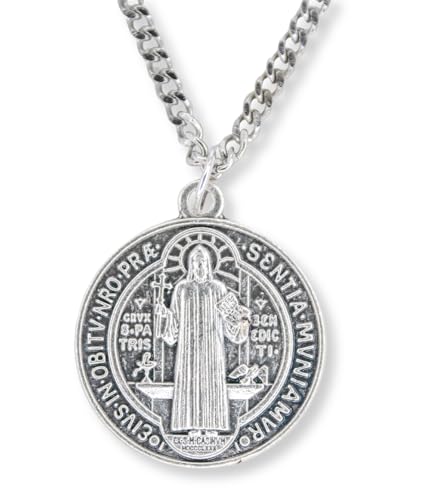 Silver Oxidized St. Benedict Medal Pendant 1.25 Inch Catholic Jewelry - Made in Italy