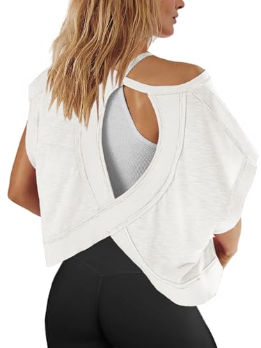 Panadila Women's Open Back Workout Tops Oversized T-Shirt - Medium White