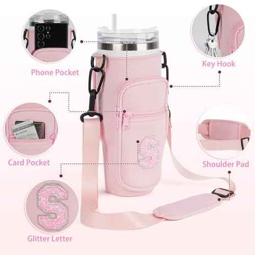 Unique Christmas Birthday Gifts for Women Her Initial Water Bottle Carrier Bag with Phone Pocket for Stanley 40oz Tumbler Stanley Cup Accessories Water Bottle Holder Pouch with Strap Pink A