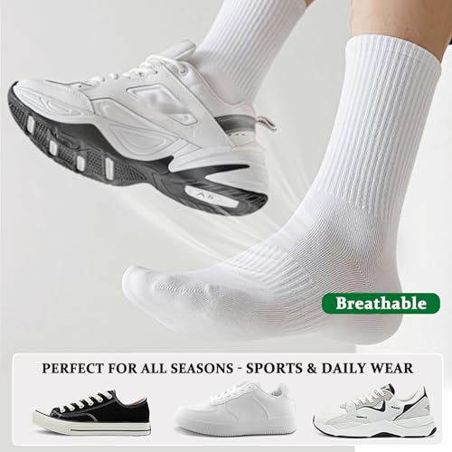Very Thin Men's Mid Crew Socks - White, 10-13 Size, Breathable & Arch Support - 6 Pairs