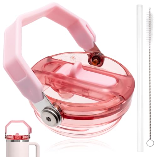 Pink Flip Straw Lid with Handle for 40oz Stanley Quencher Tumbler Replacement Accessory