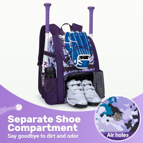 KAVIGOR Youth Baseball Bag Purple Camo T-Ball Backpack with Shoes Compartment