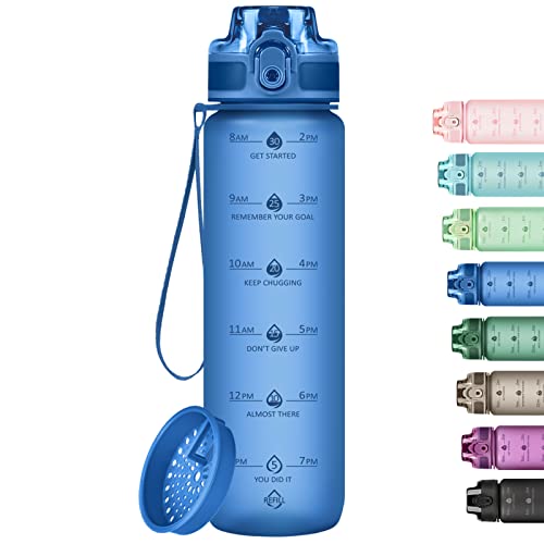 Aqua Blue 32oz Water Bottle with Time Marker & Strap, Leak-Proof BPA-Free