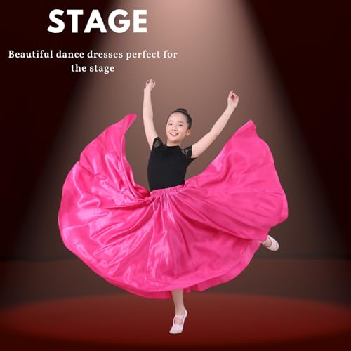 Girls Satin Full Circle Dance Skirt 360 Degree Black Long Swing Skirt for Girls 8-12 Years
