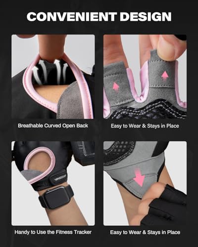 VINSGUIR Workout Gym Gloves with Grip Foam Padding - Black Pink, Medium