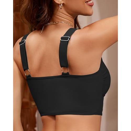 GRAPENT Bikini Tops for Women Cropped Tankini Tops Beach V Bar Padded Ruched Adjustable Strap Swimsuit Swim Top Only