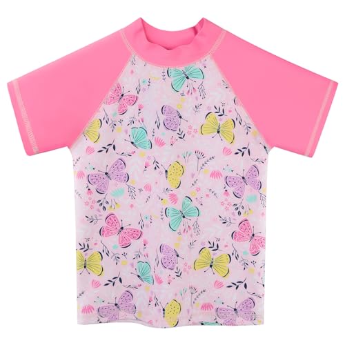 Girls Short Sleeve Swimsuit Two-Piece Floral Rash Guard UPF 50+ - Pink Butterfly 2-3T