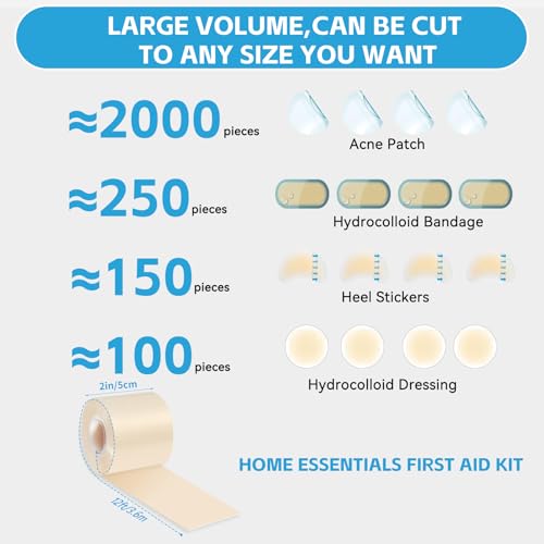 Hydrocolloid Bandages for Wound Care, Extra Large Medical-Grade Hydrocolloid Roll with Self-Adhesive, Ultra Absorbent, Flexible & Waterproof, DIY Size & Shape First Aid Kit Essential (2in*12ft)