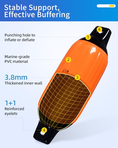 Inflatable Boat Fenders 4 Pack with Ropes - Black & Orange, 4.6 x 16 Inches