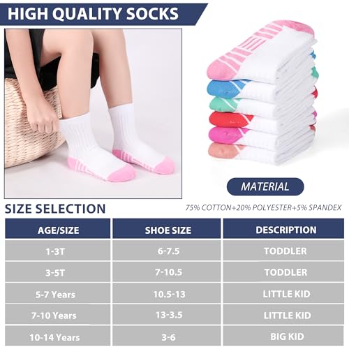 Girls Crew Socks 12 Pairs Kids Athletic Socks for Ages 1-14 - White, 5-7 Years Variation