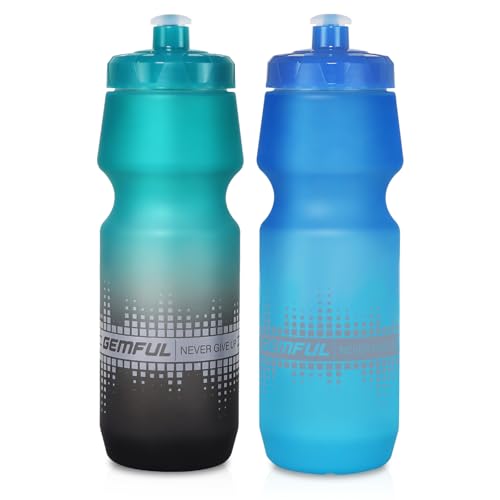 GEMFUL Bike Water Bottle 24oz Cycling Water Bottle BPA-Free with Leak-Proof Lid Squeeze Design 2 Pack No-Sweat Grip Fits Standard Bike Cages for Mountain Road Bikes (Gradient Green Black+Blue Green)