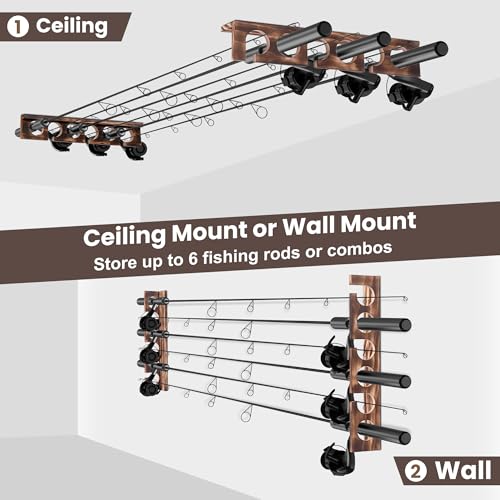 Wooden Fishing Rod Holder Wall & Ceiling Mount - Holds Up to 6 Rods, Tackle Storage Organization