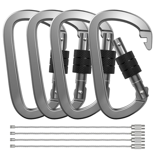 Premium Aluminum D Ring 4" Locking Carabiner Clips with Screw Gate, Set of 4, Lightweight & Durable for Hiking, Camping, Hammock, Dog Leash Harness, Keychains