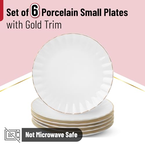 8 Inch White Dessert Plates Set of 6 with Gold Trim - Porcelain Small Appetizer Plates