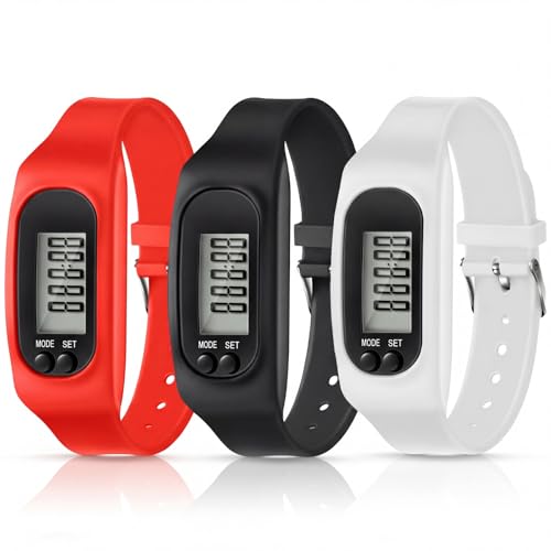 Kenning 3-Pack Walking Pedometer Watch Bracelets with Color Variations - Black, Red, White