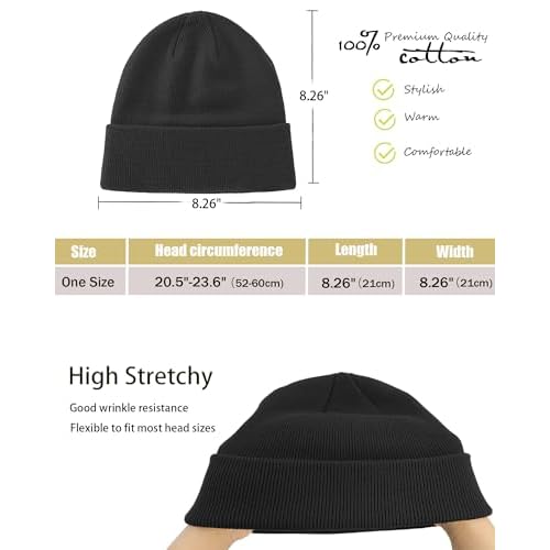 100% Cotton Beanie Hat- Unisex Ultra Soft Winter Warm Stretch Knit Cuffed Hats Fisherman Beanies Skull Cap