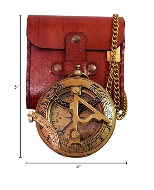 BAZROSS Vintage Brass Sundial Compass with Leather Case - Antique Brass & Copper Sun Clock for Camping, Hiking, Touring - Engraved Gift for Him - Nautical Ship Replica Watch - Sundial Clock in Box