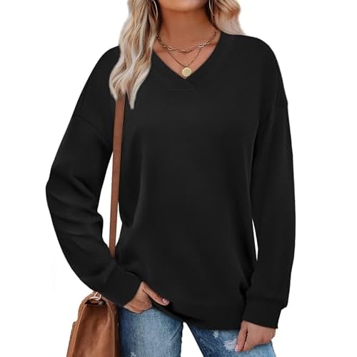 WIHOLL Sweatshirt for Women V Neck Sweaters Long Sleeve Shirts Fall Clothes Ribbed Collar 2025 Trendy Fashion