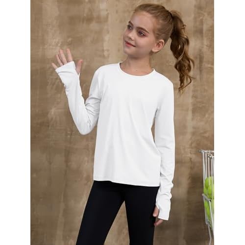 ZDC Girls Long Sleeve Athletic Shirts Kids Crewneck Quick Dry Workout Yoga Tops Basic Tees Activewear