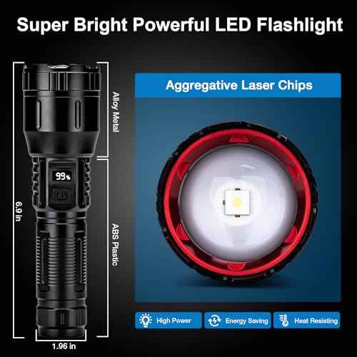 Flashlight High Lumens Rechargeable 990,000L, Handheld Tactical LED Strong Flash Light, Battery Powered Super Bright Flashlight with USB C, 3 Modes, Zoomable, USB Output for Home, Emergency