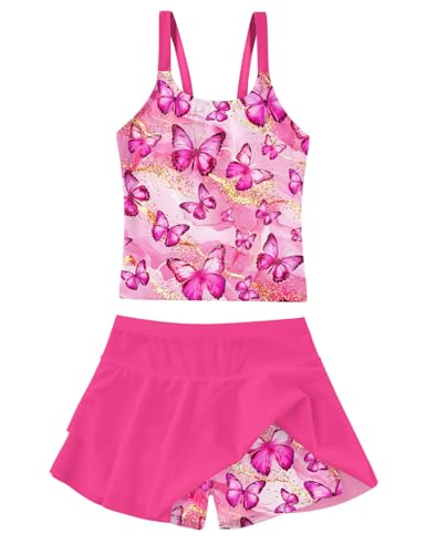 Girls Tankini Swimsuit Two-Piece Bathing Suit with Shorts 7-12Y - Butterflies, Size 9-10 Years