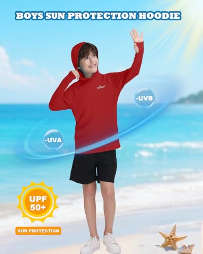 Blueleaf Boys Rash Guard Long Sleeve Hoodie UPF 50+ Sun Protection Fishing Shirt Kids SPF Water Beach UV Shirt - Large / Red