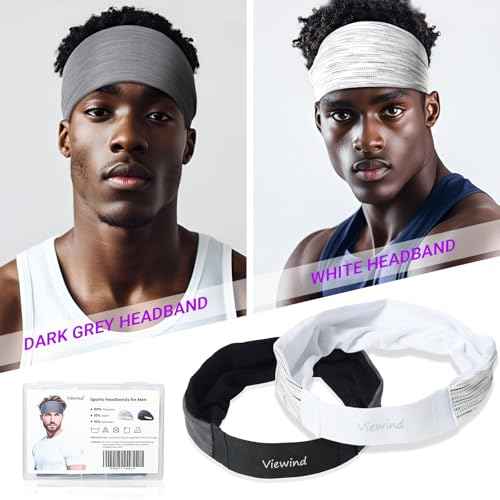 Sweatband for Men & Women, Wide Sports Headband for Running Biking Exercise, Soft & Elastic, 2 Colors Dark Gray White