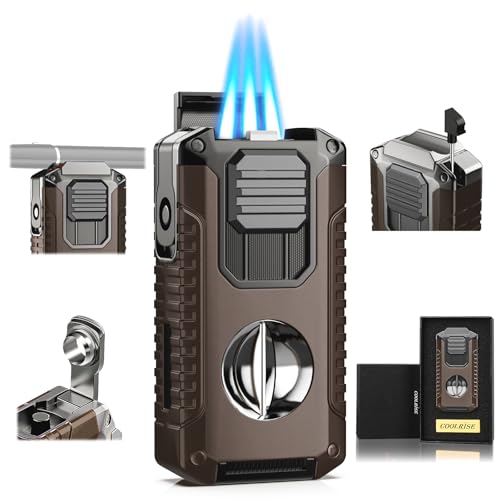 Brown 5-in-1 Torch Lighter with Triple Jet Flame & Tools - Windproof Refillable for Travel & Candle