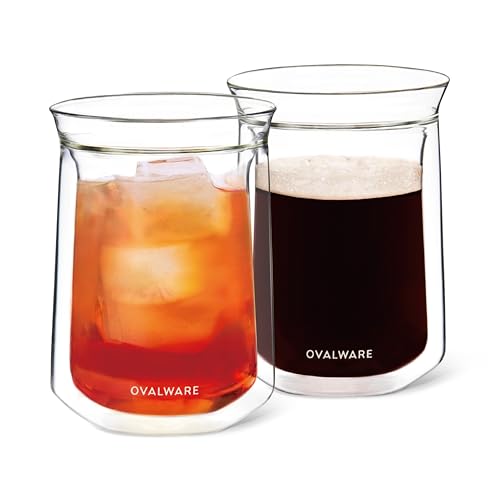 Ovalware Double Wall Insulated Glass Cup Set 11.8oz – Borosilicate Coffee Tea Whiskey