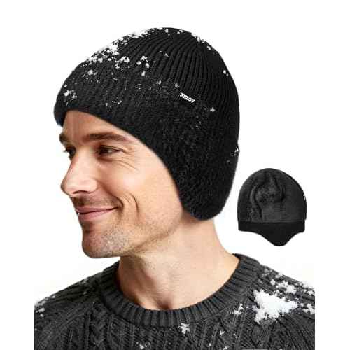 Zando Mens Winter Hat with Ear Flaps - Warm Thermal Fleece Lined Beanie, Stocking Caps, Knit Trapper Hats for Cold Weather