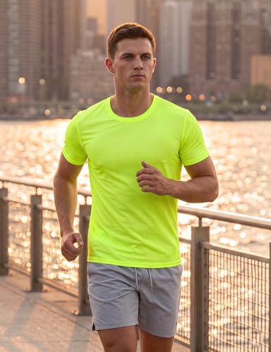Men's Short Sleeve Athletic Mesh T-Shirt - Quick Dry, Breathable, Muscle Fit, Neon Yellow, Medium