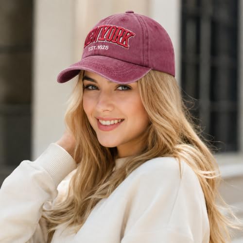 Red New York Embroidered Baseball Cap - Distressed Washed Dad Hat, Adjustable