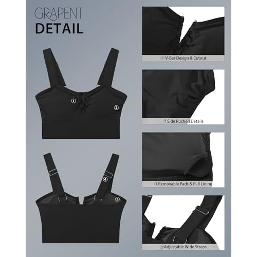 GRAPENT Bikini Tops for Women Cropped Tankini Tops Beach V Bar Padded Ruched Adjustable Strap Swimsuit Swim Top Only