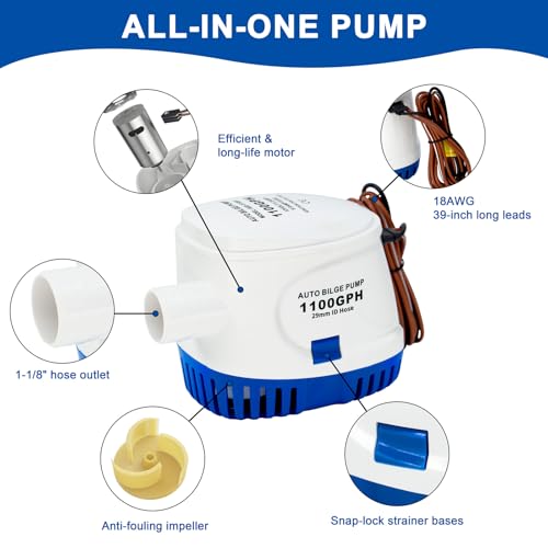 Automatic 1100GPH Bilge Pump for Boats - 12V, 1-1/8" Outlet, Float Switch