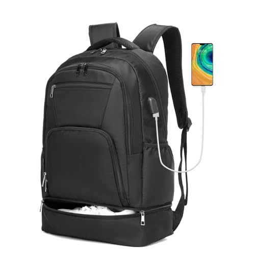 Seyfocnia Gym Backpack for Men - Black, 20 Inch Travel & Workout Bag with Shoe Compartment & USB Charging Port