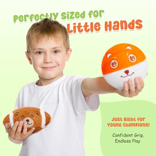 VangeBow 3 Pack Soft Plush Sports Balls for Toddlers – Bear, Dinosaur & Fox Design, Indoor Baby Toy Set