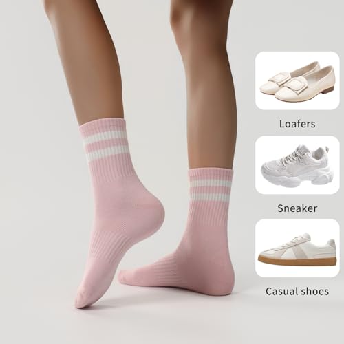 Women's Crew Socks with Cotton Stripes - 6 Pairs, Multiple Colors