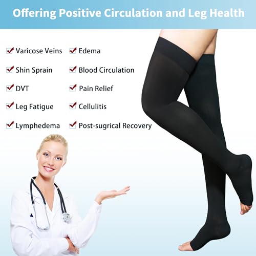 Large Open Toe Thigh High Compression Socks Women 20-30 mmHg Black