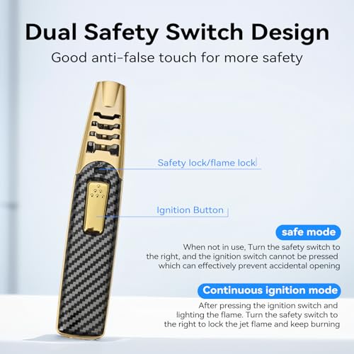 Torch Lighter, Windproof Adjustable Big Jet Flame Butane Torch, Refillable Gas Luxury Butane Lighter with Safety Lock for Candle Grill Camping Kitchen BBQ Cooking Soldering (Gas Not Included)