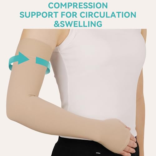 Lymphedema Compression Arm Sleeves for Women Men 20-30 mmHg Large Beige