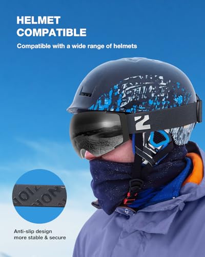 Magnetic Lens Ski Goggles for Men Women Adult - Black Grey White, Zionor X4