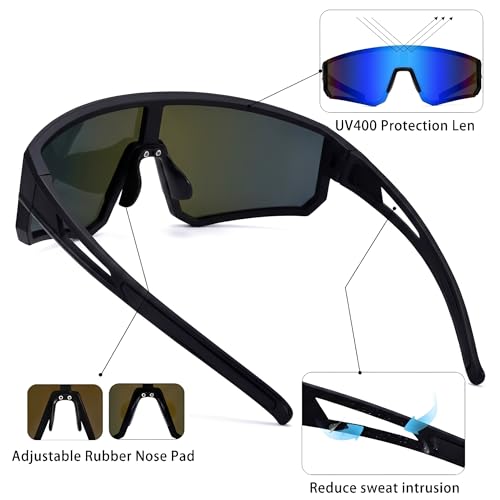 Sports Sunglasses for Men Women Running Cycling UV400 Mirror Lenses 75mm - Black/Blue
