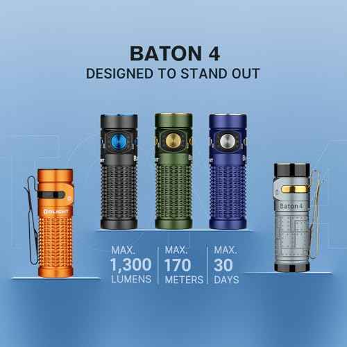 OLIGHT Baton4 Rechargeable EDC Flashlight, Bright LED Flashlight 1300 Lumens with Charging Cable, IPX8 Waterproof, 6 Adjustable Modes Handheld Light for Home, Camping, and Emergencies (Regal Blue)