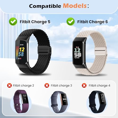 Elastic Soft Braided Bands for Fitbit Charge 6/5 - Black & Sea Blue, Women Men