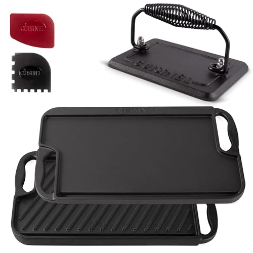 Reversible Cast Iron Griddle with Grill Press Set - 16.75 Inch, Double-Sided Cooking Surface