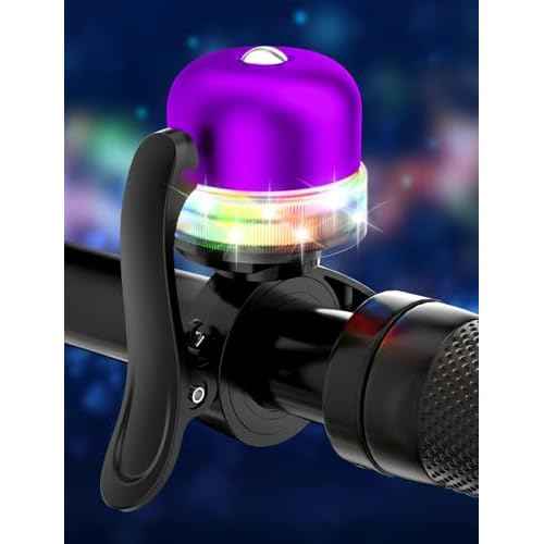 Bike Bell for Kids & Adults, Light up Bike Accessories Adjustable with Ferrules Fit for 0.74-1.25in(19-31.8mm) Bicycle Handlebars, Aluminum Made & Crisp Sound for Mountain Dirt Road Bike Ebike(Purple)