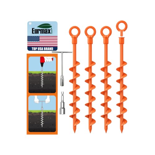 Heavy Duty Spiral Ground Stakes - Orange, 4-Pack with Drill Bit & T-Handle Tool