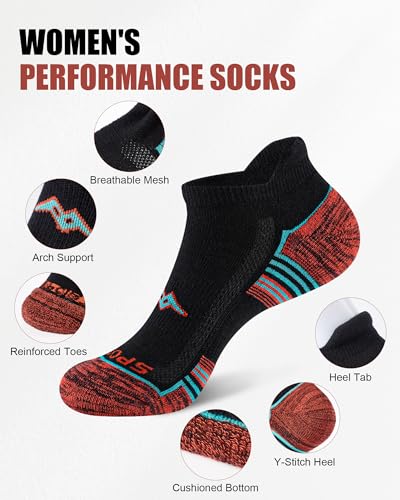 Women's Athletic Ankle Socks 6 Pairs - Cushioned & Multi-Color on Black, Size 5-9