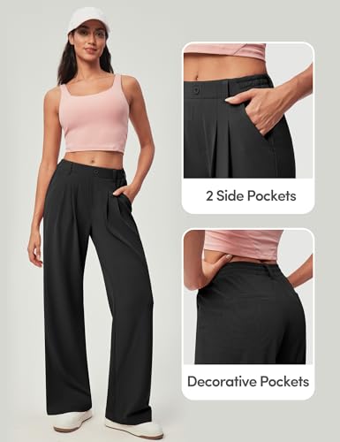 Wide Leg Dress Pants for Women Pull-On Business Casual Outfits - Large, Black