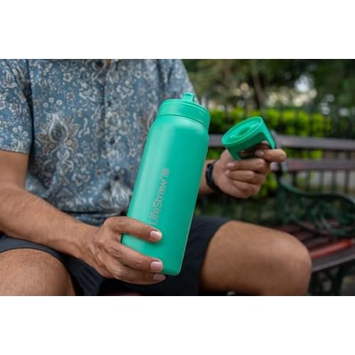 LifeStraw Go Series ? Insulated Stainless Steel Water Filter Bottle for Travel and Everyday Use, Removes Bacteria, Parasites and Microplastics, Improves Taste, 24oz Cactus Green